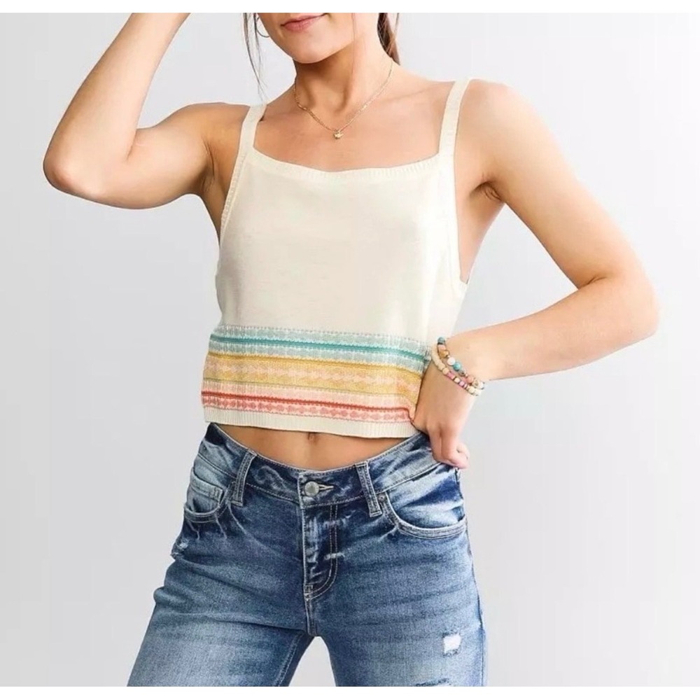 O'Neill Knit Tank Top L Cream Striped Hem Cropped Boho Camisole